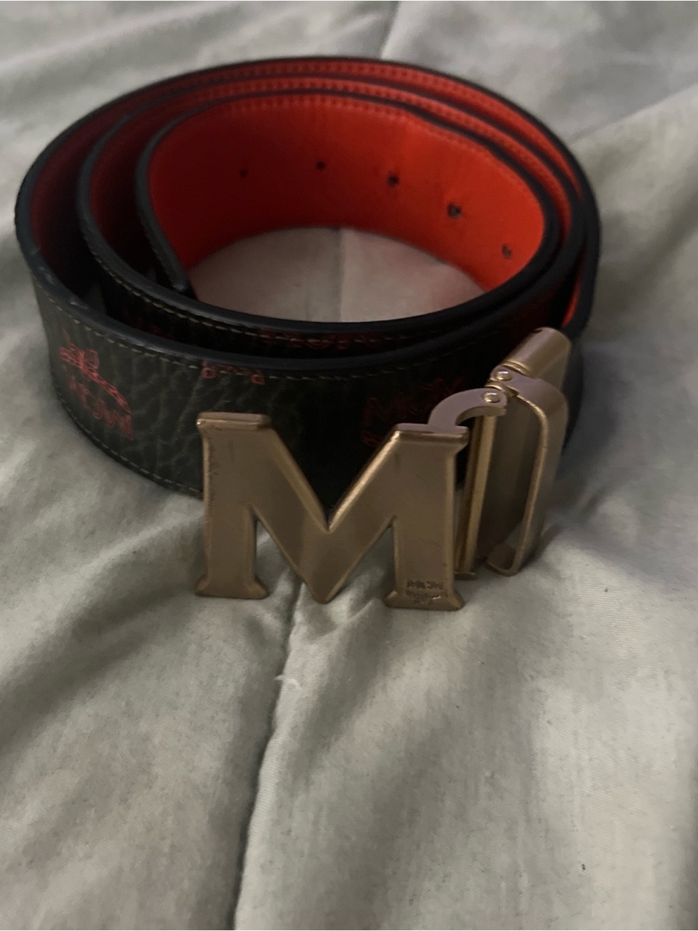 MCM Black and Orange Leather Belt with Gold M Buckle